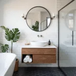 A bright, luxurious minimalist bathroom featuring white subway tiles, matte black hexagonal floor tiles, a walnut floating vanity with a white vessel sink, brushed nickel fixtures, and a walk-in shower, accentuated by natural light and minimal decor.