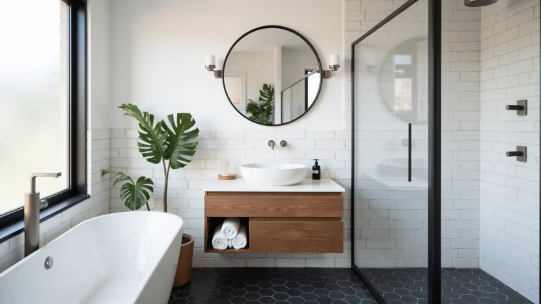 A bright, luxurious minimalist bathroom featuring white subway tiles, matte black hexagonal floor tiles, a walnut floating vanity with a white vessel sink, brushed nickel fixtures, and a walk-in shower, accentuated by natural light and minimal decor.