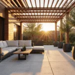 Photorealistic modern luxury patio at golden hour featuring a minimalist outdoor kitchen, geometric fire pit, motorized pergola, large planters, and smart glass wind barriers, all designed for an elegant entertainment sanctuary.