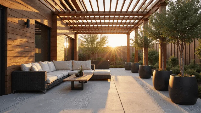 Cinematic wide-angle shot of a modern luxury patio at golden hour, featuring a cedar pergola, charcoal grey sectional with ivory cushions, and glowing string lights, framed by olive trees in black planters, showcasing dramatic light patterns and textures.
