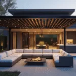 Photorealistic ultra-wide shot of a contemporary backyard featuring a sleek black aluminum pergola with motorized louvered roof at golden hour, modern grey sectional with white cushions, glass-top coffee table, stainless steel outdoor kitchen, Edison string lights, geometric bamboo planters, blue LED pool lighting, and subtle smoke from a fire pit, all captured in a cinematic style.