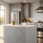 Photorealistic image of a modern luxury taupe kitchen featuring light taupe shaker cabinets, a white Carrara marble waterfall island, and professional-grade appliances under golden hour sunlight.