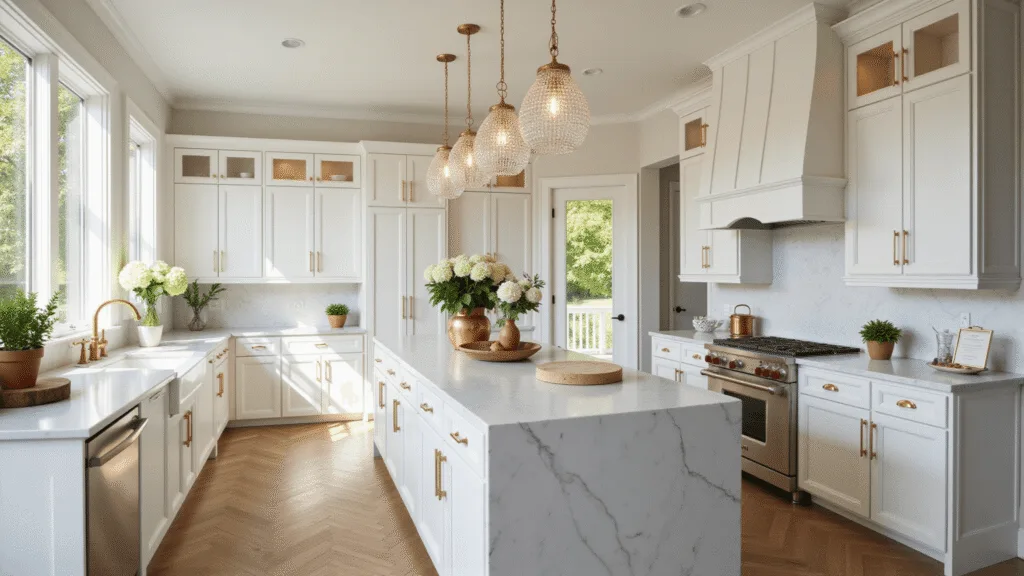 Photorealistic luxury kitchen with white shaker cabinets, brass hardware, Carrara marble island, herringbone oak floors, and pendant lighting, bathed in golden hour sunlight.