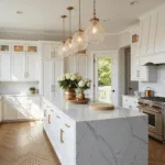 Photorealistic luxury kitchen with white shaker cabinets, brass hardware, Carrara marble island, herringbone oak floors, and pendant lighting, bathed in golden hour sunlight.