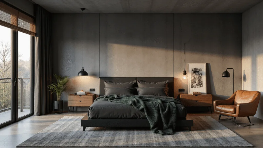 Cinematic wide-angle shot of a modern masculine bedroom featuring a low-profile black platform bed, charcoal linen bedding, walnut nightstands, and a cognac leather reading chair, with dramatic natural light from floor-to-ceiling windows and ambient industrial lighting, layered textures, and minimalistic decor.