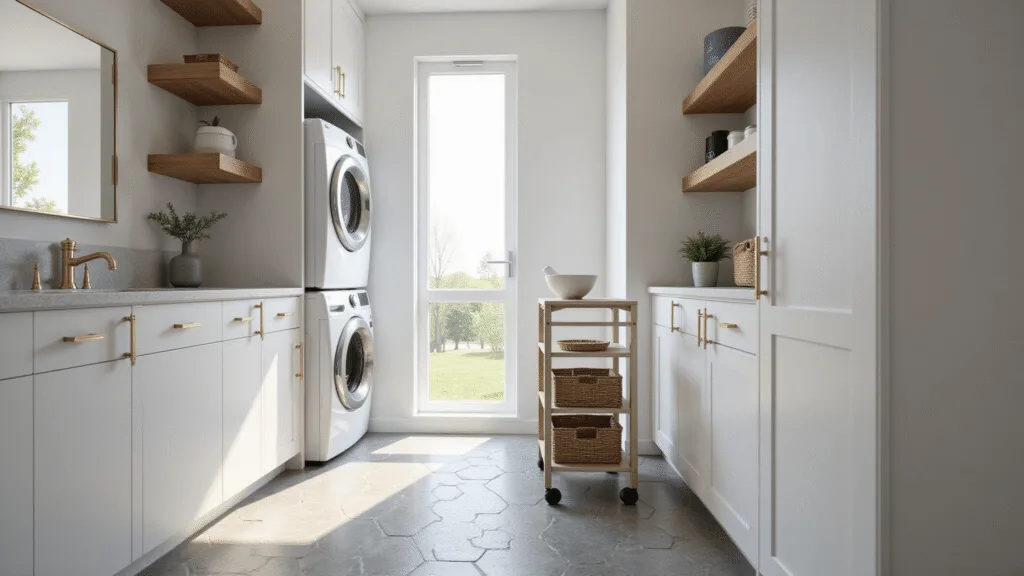 Hyperrealistic image of a sleek narrow laundry room featuring stacked white front-loading washer and dryer, floor-to-ceiling white shaker cabinets, floating wooden shelves with matte gold hardware, gray hexagonal cement tile flooring, a slim rolling utility cart with woven baskets, a fold-down quartz countertop, and a large frameless mirror, illuminated by under-cabinet LED lighting and soft afternoon natural light.