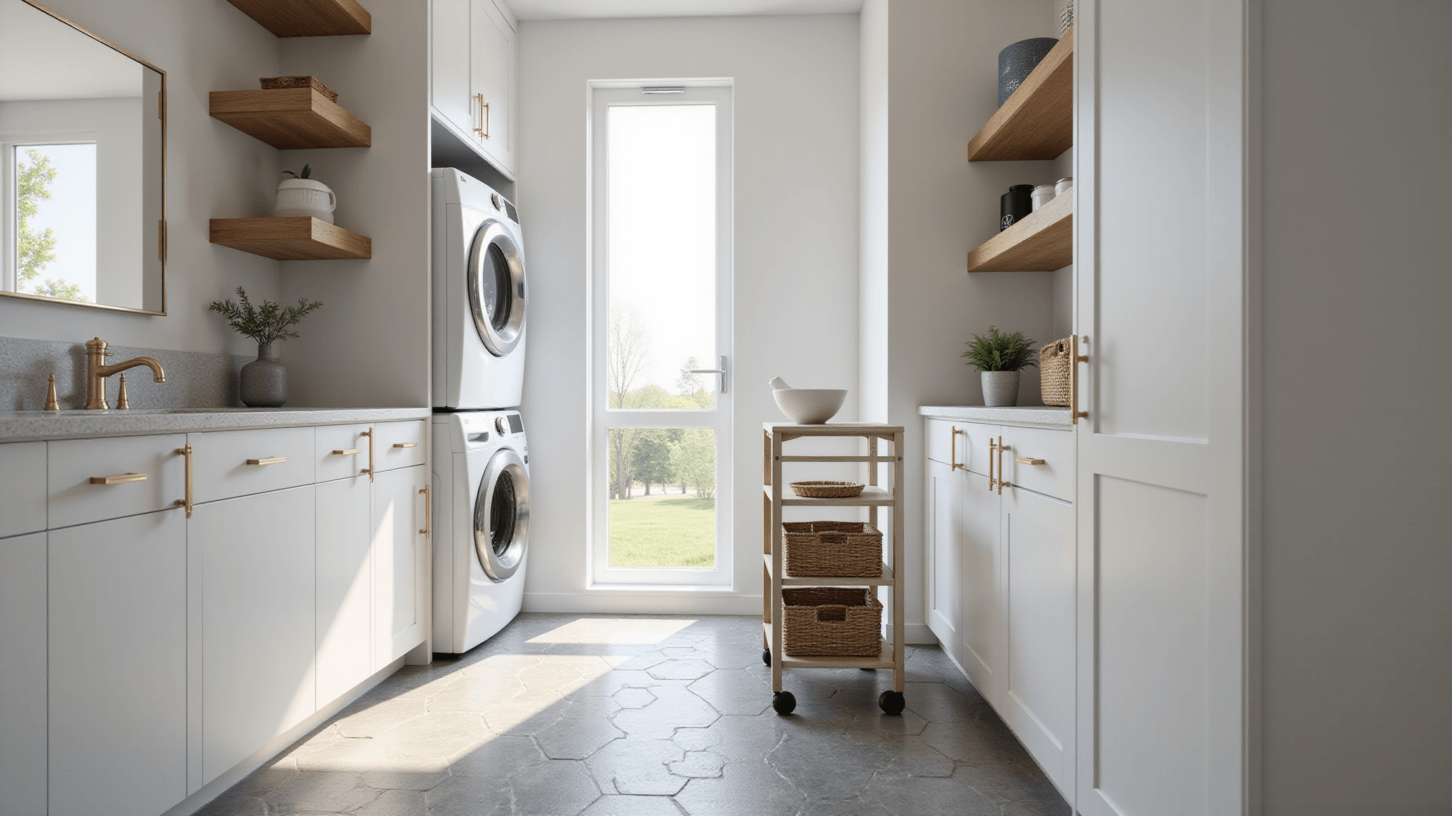 Hyperrealistic image of a sleek narrow laundry room featuring stacked white front-loading washer and dryer, floor-to-ceiling white shaker cabinets, floating wooden shelves with matte gold hardware, gray hexagonal cement tile flooring, a slim rolling utility cart with woven baskets, a fold-down quartz countertop, and a large frameless mirror, illuminated by under-cabinet LED lighting and soft afternoon natural light.