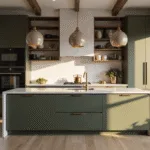 Modern olive green kitchen with white quartz countertops, brass pendant lights, and walnut shelving, bathed in natural light.