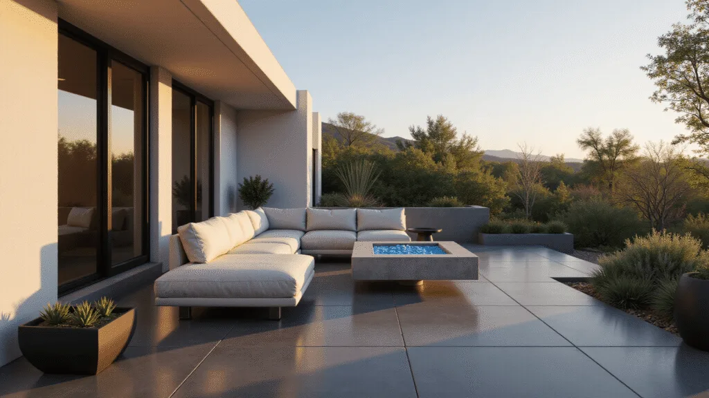 A modern minimalist patio at sunset featuring an infinity edge with charcoal concrete flooring, crisp white stucco walls, a light gray modular sectional, and a floating concrete fire pit, surrounded by architectural succulents in geometric planters, all bathed in warm amber sunlight and dramatic shadows.