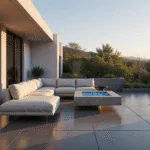 A modern minimalist patio at sunset featuring an infinity edge with charcoal concrete flooring, crisp white stucco walls, a light gray modular sectional, and a floating concrete fire pit, surrounded by architectural succulents in geometric planters, all bathed in warm amber sunlight and dramatic shadows.