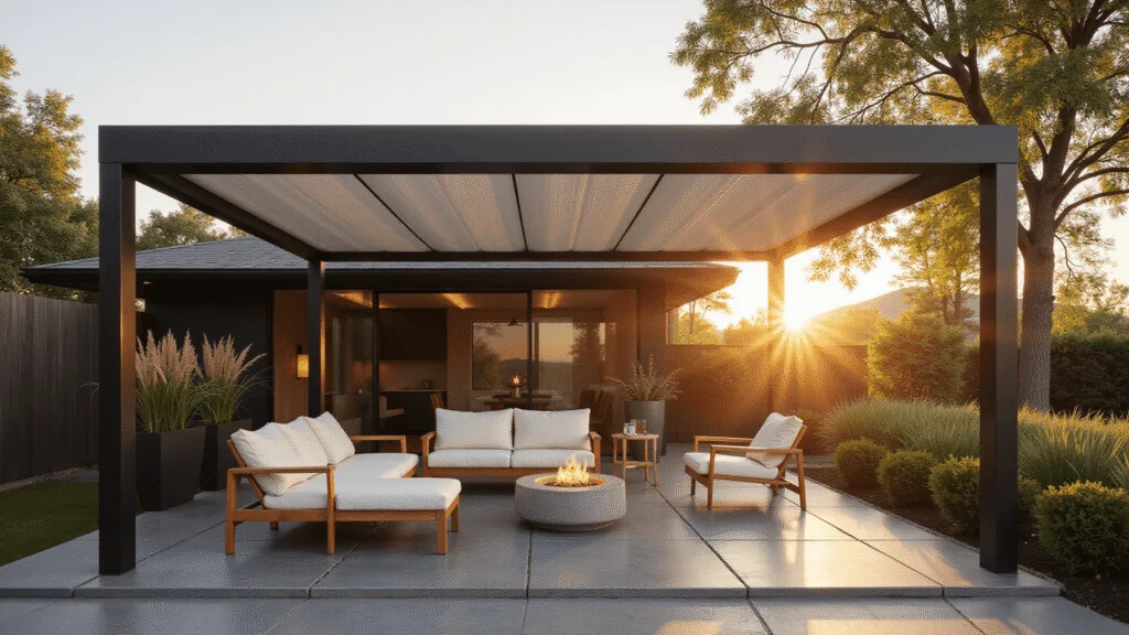 Photorealistic architectural shot of a modern matte black pergola patio at golden hour, featuring retractable white canvas panels, Scandinavian teak furniture with cream cushions, and a concrete fire pit, all illuminated by warm sunlight and dramatic shadows, with bokeh effects and deep focus on geometric design elements.