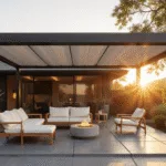 Photorealistic architectural shot of a modern matte black pergola patio at golden hour, featuring retractable white canvas panels, Scandinavian teak furniture with cream cushions, and a concrete fire pit, all illuminated by warm sunlight and dramatic shadows, with bokeh effects and deep focus on geometric design elements.