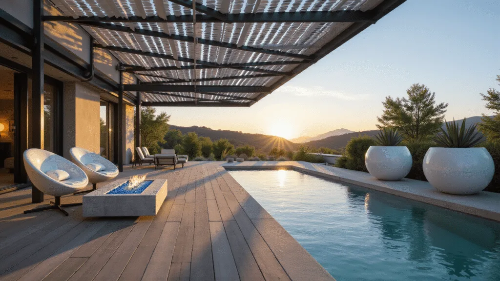 Photorealistic image of a modern luxury poolside pergola with a sleek black aluminum frame and retractable white canvas, featuring suspended white egg chairs, a low concrete fire pit with blue glass crystals, and an infinity pool reflecting the sky, all captured in soft golden hour lighting with hyper-detailed water ripples and a sophisticated outdoor furniture arrangement.