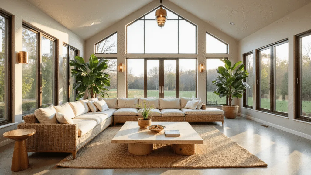 A modern three-season solarium with a 12-foot cathedral ceiling, featuring floor-to-ceiling bronze-framed windows, a wicker sectional, bleached teak tables, and fiddle leaf fig plants, bathed in warm golden hour sunlight.