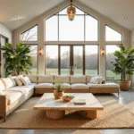 A modern three-season solarium with a 12-foot cathedral ceiling, featuring floor-to-ceiling bronze-framed windows, a wicker sectional, bleached teak tables, and fiddle leaf fig plants, bathed in warm golden hour sunlight.