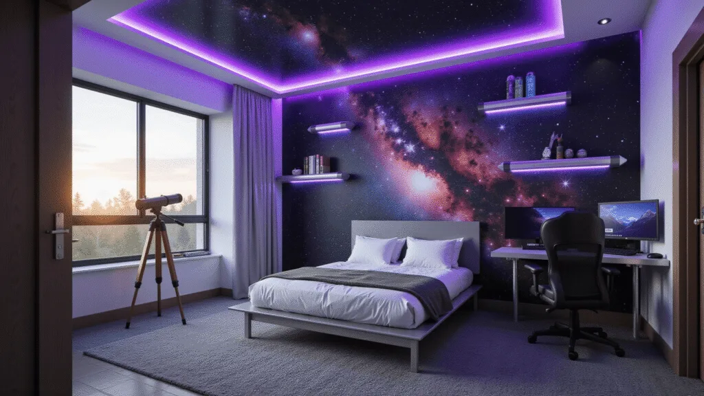 A hyper-realistic photograph of a modern boy's bedroom with a space theme, featuring a metallic platform bed, galaxy wallpaper, rocket-shaped shelves, and a high-tech gaming setup under vibrant LED lighting.