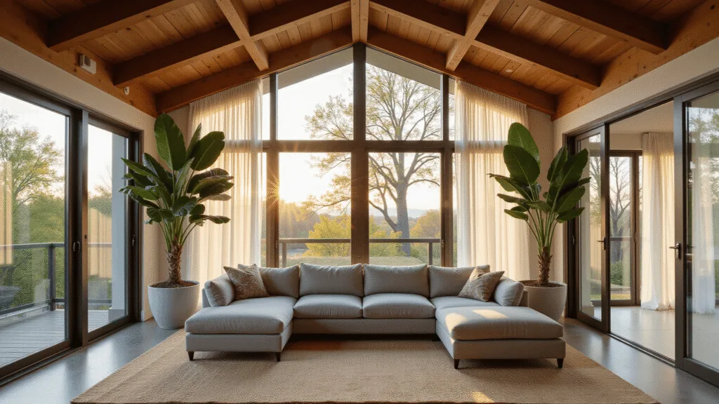 Luxurious all-season room with floor-to-ceiling windows, modern grey sectional sofa, oversized fiddle leaf fig plants, and warm LED uplighting, photographed during golden hour.