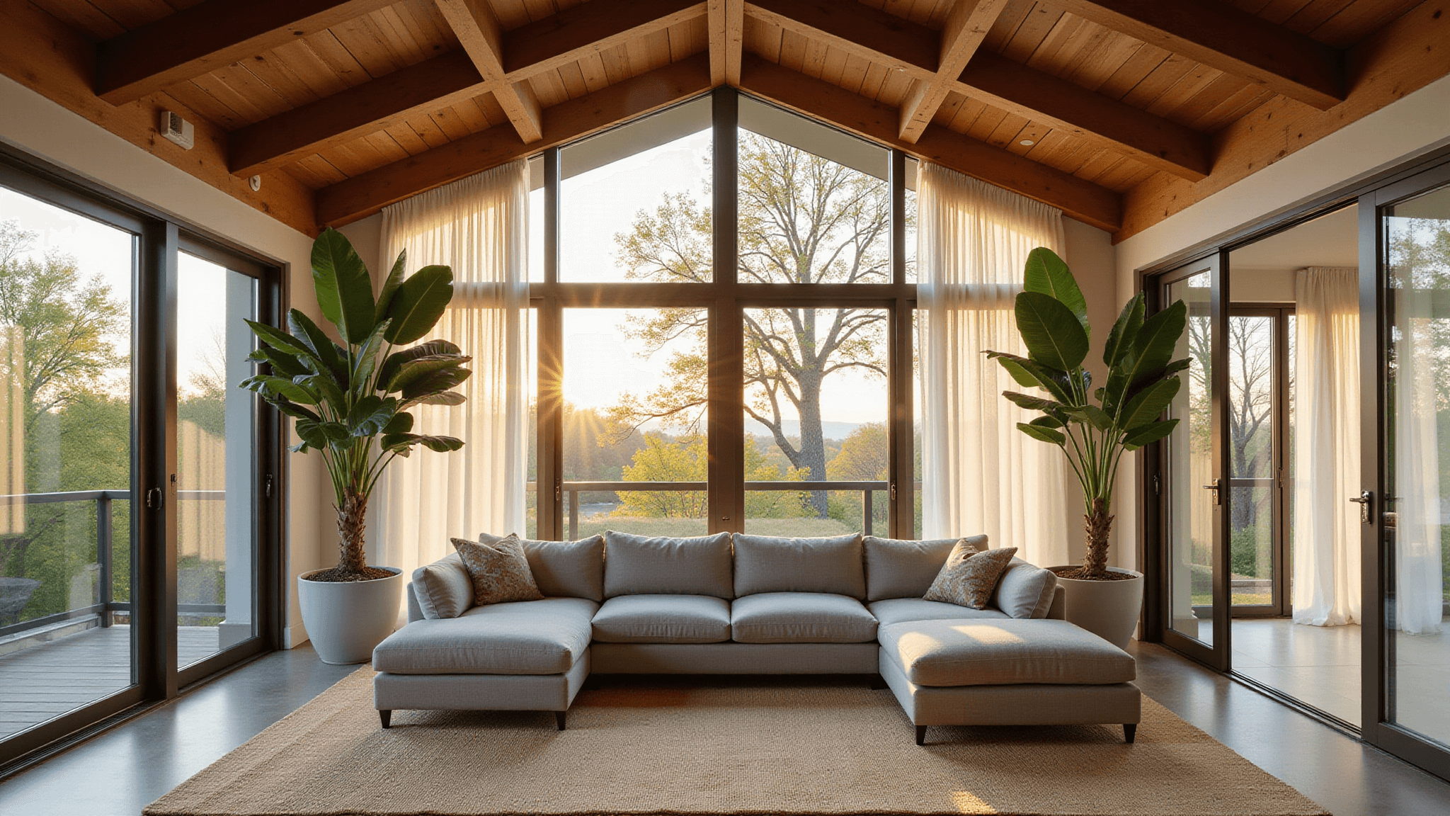 Luxurious all-season room with floor-to-ceiling windows, modern grey sectional sofa, oversized fiddle leaf fig plants, and warm LED uplighting, photographed during golden hour.