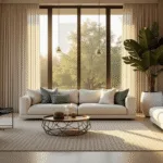 A luxurious modern sunroom with floor-to-ceiling windows, warm sunlight, bleached oak herringbone flooring, a cream linen sectional, black Eames lounge chairs, a tall monstera plant, and a geometric Moroccan rug, emphasizing a warm neutral palette and clean architectural lines.