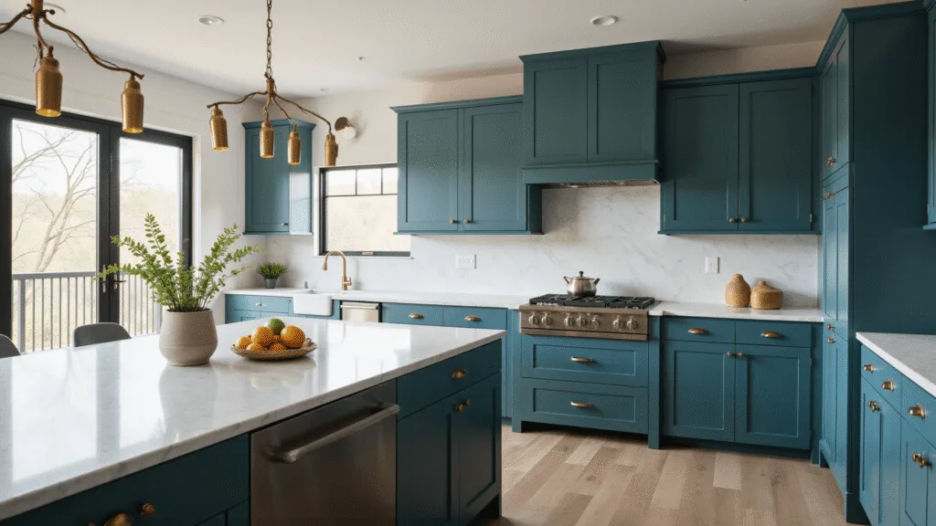A photorealistic modern kitchen featuring deep teal shaker cabinets, Carrara marble waterfall countertops, polished brass accents, and wide-plank white oak flooring, bathed in soft morning light.