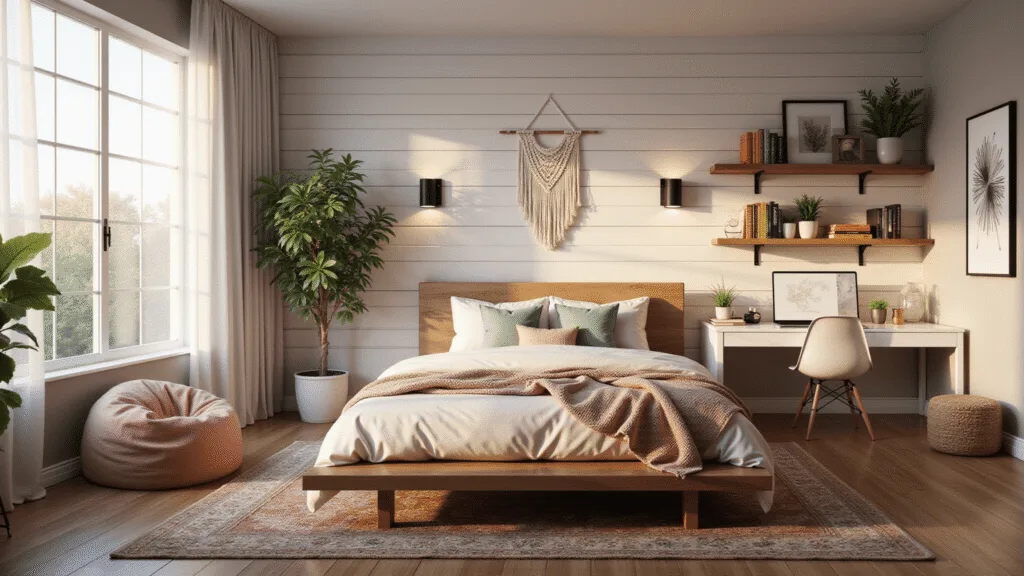 A modern teen bedroom sanctuary featuring a queen platform bed with layered blush pink and sage green throws, a shiplap accent wall, a study nook with a floating desk, and a cozy reading corner with an oversized velvet bean bag, all illuminated by golden hour light.
