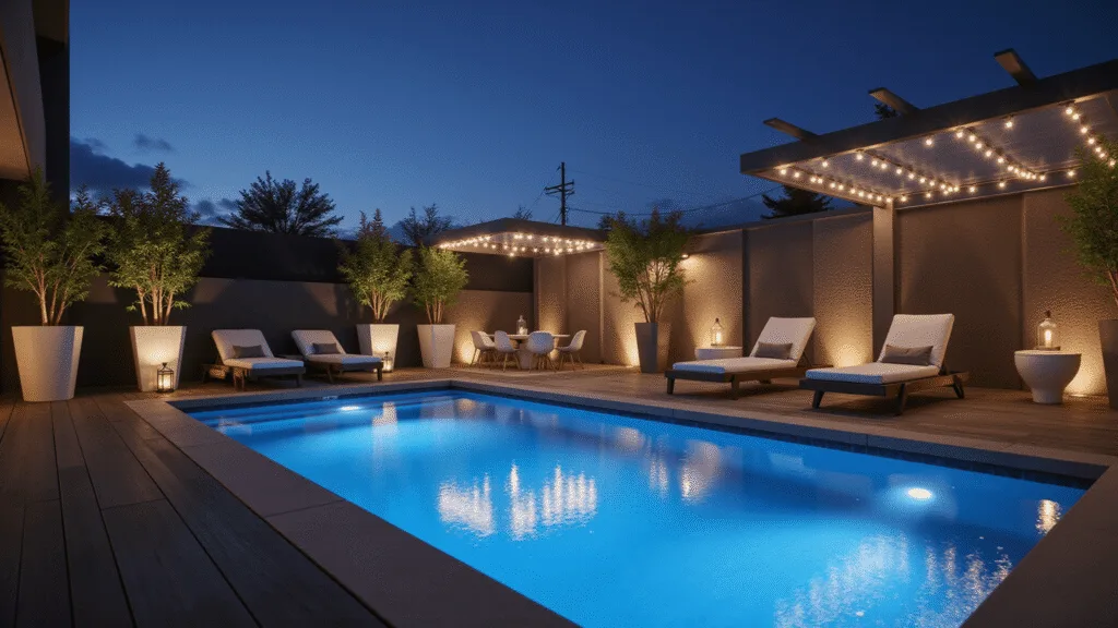 Photorealistic dusk scene of a compact urban backyard pool with infinity edge, surrounded by dark Brazilian ipe wood decking and minimalist concrete coping, featuring modern loungers, geometric planters with bamboo and monstera plants, and ambient string lights, all under a contemporary pergola.