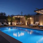 Photorealistic dusk scene of a compact urban backyard pool with infinity edge, surrounded by dark Brazilian ipe wood decking and minimalist concrete coping, featuring modern loungers, geometric planters with bamboo and monstera plants, and ambient string lights, all under a contemporary pergola.