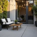 Photorealistic image of a modern urban patio at golden hour, featuring a black metal bistro set with white cushions, a vertical garden wall, Edison bulb string lights, and a weathered teak console table, with warm sunlight casting long shadows and creating a soft bokeh effect.