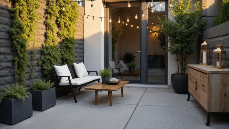 Photorealistic image of a modern urban patio at golden hour, featuring a black metal bistro set with white cushions, a vertical garden wall, Edison bulb string lights, and a weathered teak console table, with warm sunlight casting long shadows and creating a soft bokeh effect.