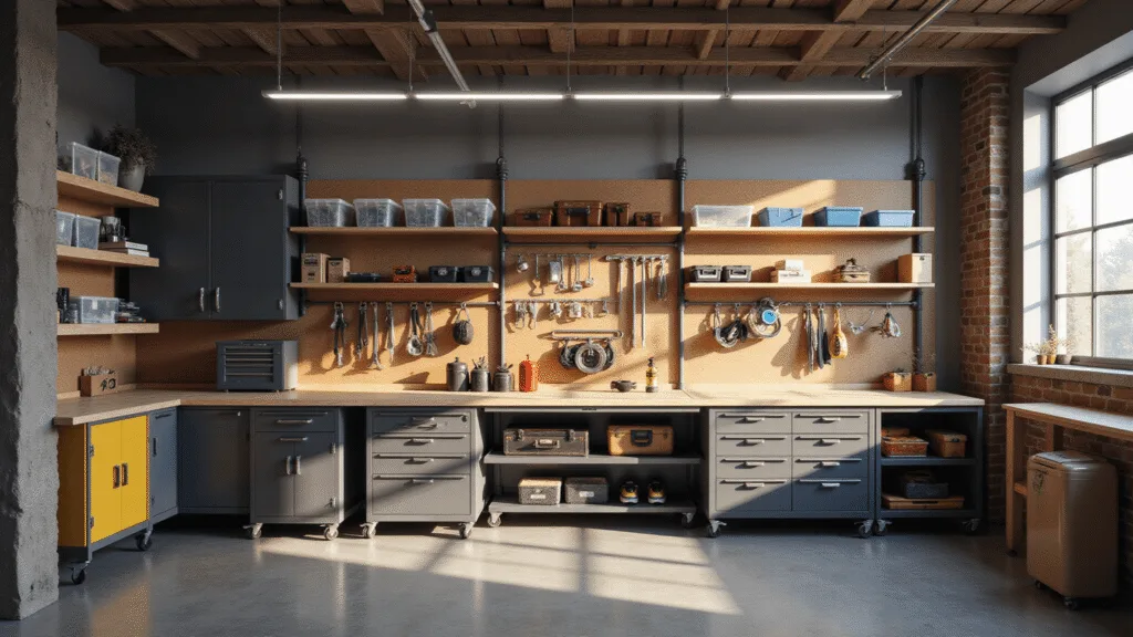 Photorealistic wide-angle shot of a modern workshop interior featuring a pegboard wall with organized tools, a weathered maple workbench, industrial-style shelving, and a high-visibility yellow safety cabinet, illuminated by warm afternoon sunlight.
