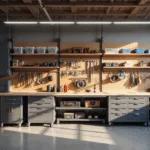 Photorealistic wide-angle shot of a modern workshop interior featuring a pegboard wall with organized tools, a weathered maple workbench, industrial-style shelving, and a high-visibility yellow safety cabinet, illuminated by warm afternoon sunlight.