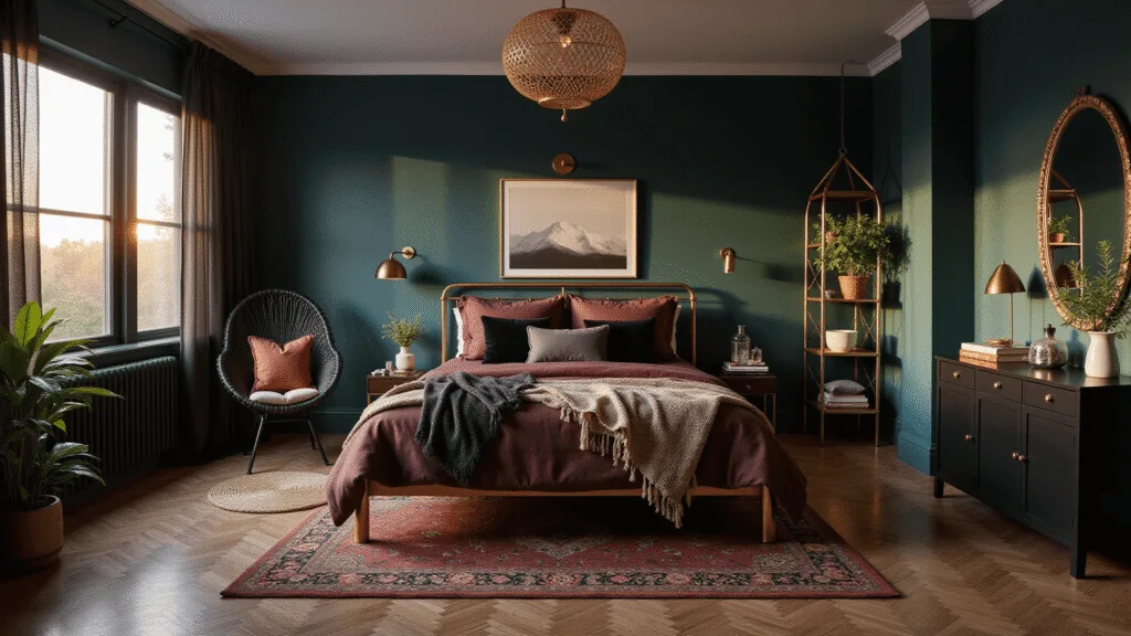 A luxurious moody boho bedroom with deep teal walls, a brass-framed queen bed with aubergine bedding, and black velvet pillows, highlighted by warm sunset light filtering through sheer black curtains. The space features black herringbone hardwood floors, a vintage Persian rug, a dramatic black rattan peacock chair, and an Art Deco-inspired vanity, all under a modern geometric chandelier.