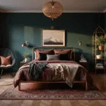 A luxurious moody boho bedroom with deep teal walls, a brass-framed queen bed with aubergine bedding, and black velvet pillows, highlighted by warm sunset light filtering through sheer black curtains. The space features black herringbone hardwood floors, a vintage Persian rug, a dramatic black rattan peacock chair, and an Art Deco-inspired vanity, all under a modern geometric chandelier.