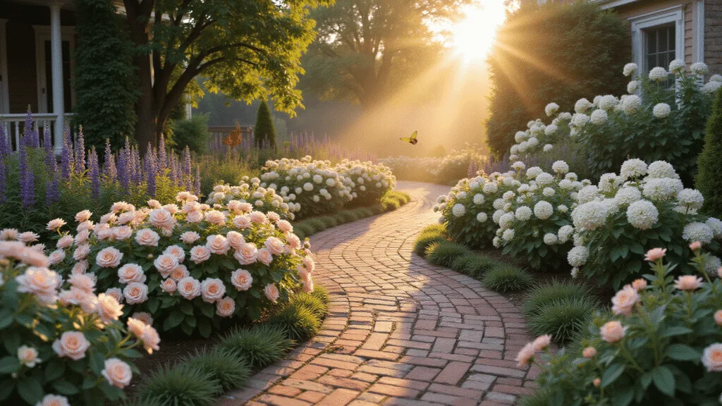 A winding brick pathway through a lush cottage garden at sunrise, featuring pink and white drift roses, purple coneflowers, and lavender, with morning light illuminating white hydrangeas and ornamental grasses, leading to a quaint porch adorned with climbing roses, all set in dreamy bokeh and dappled shadows.