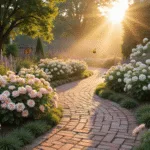 A winding brick pathway through a lush cottage garden at sunrise, featuring pink and white drift roses, purple coneflowers, and lavender, with morning light illuminating white hydrangeas and ornamental grasses, leading to a quaint porch adorned with climbing roses, all set in dreamy bokeh and dappled shadows.
