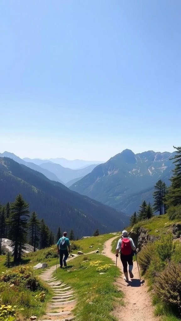 Two hikers walking on a mountain trail surrounded by lush greenery and mountains under a clear blue sky.