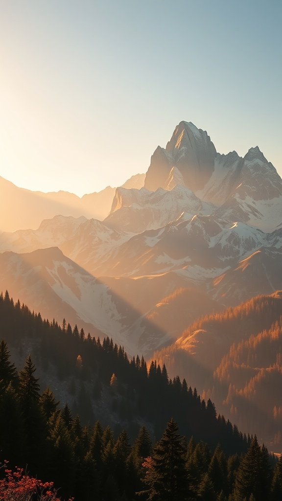 A mountain view at dawn with soft light illuminating the peaks and surrounding trees.