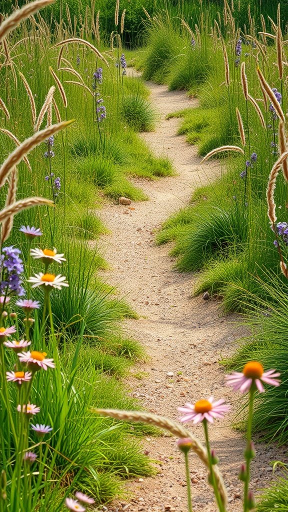 A winding nature path surrounded by tall grasses and colorful flowers.