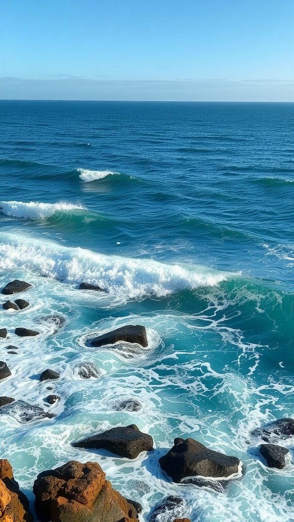 Ocean waves crashing against rocks with a clear blue sky