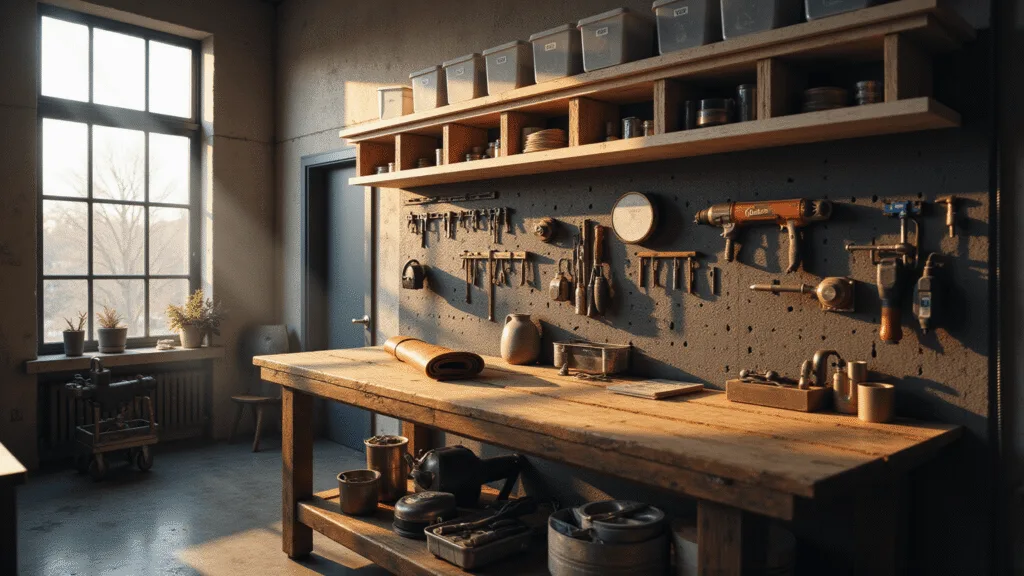A sunlit workshop with organized storage solutions, featuring a vintage wooden workbench, hand tools on deep charcoal gray pegboard walls, and a mobile industrial cart, all illuminated by golden morning light.
