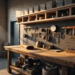 A sunlit workshop with organized storage solutions, featuring a vintage wooden workbench, hand tools on deep charcoal gray pegboard walls, and a mobile industrial cart, all illuminated by golden morning light.