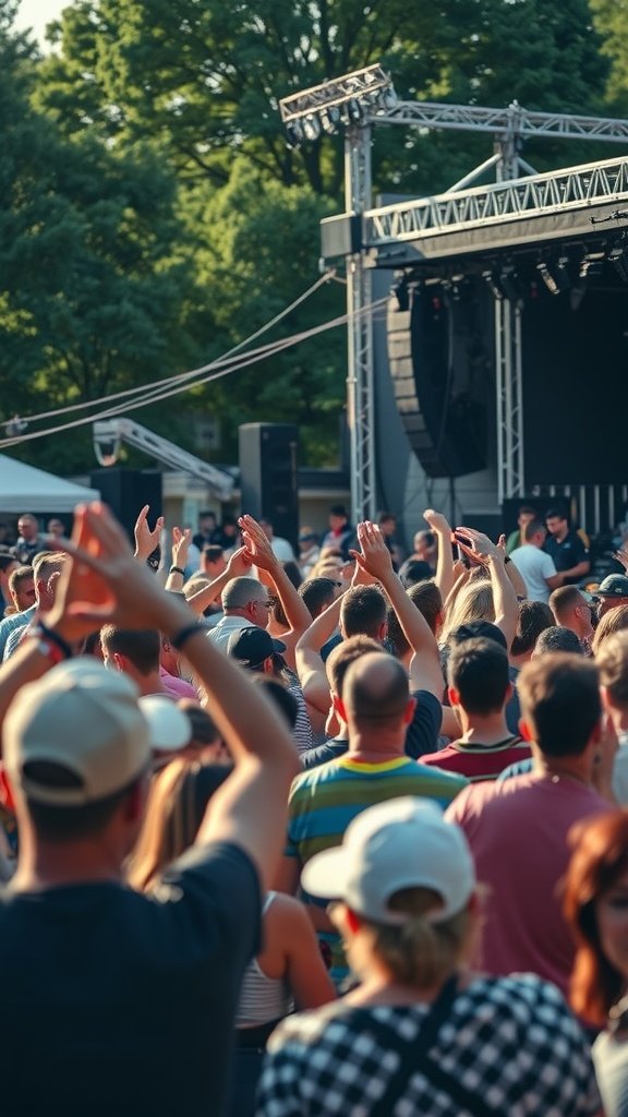 A lively outdoor concert with a crowd enjoying the music.
