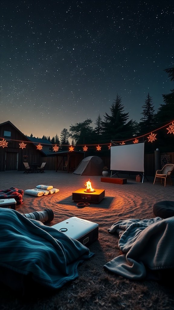Cozy outdoor movie night setting with blankets, a projector, and a warm fire