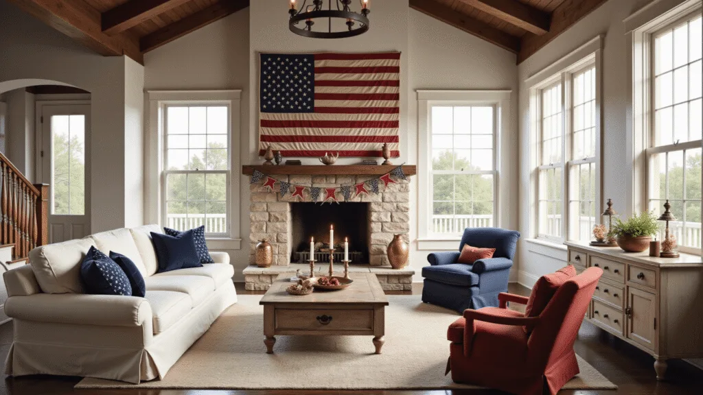 Patriotic Pizzazz: Decking Out Your Space in Red, White, and Blue A spacious, sunlit living room with vaulted ceilings and rustic decor, featuring an oversized vintage American flag above a stone fireplace, plush white sofa with red and navy pillows, rustic coffee table, and patriotic bunting.
