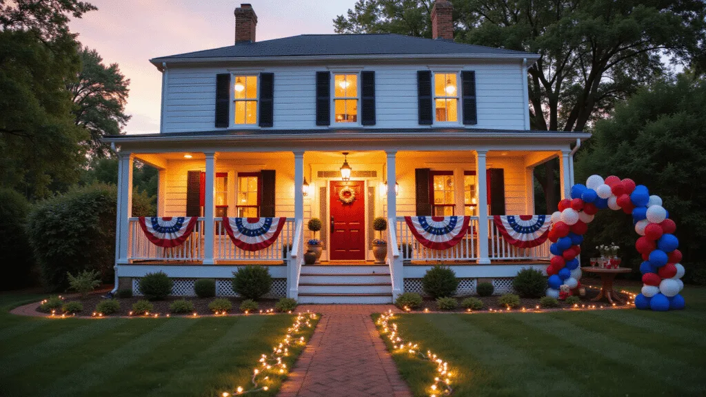 Cinematic shot of a grand American colonial home decorated for the Fourth of July, featuring patriotic bunting, an oversized flag, and a manicured lawn with mini flags. The scene includes a farmhouse dining table with star-patterned plates and mason jar centerpieces, a red, white, and blue balloon arch, and a vintage-style photo booth, all illuminated by warm sunset light.