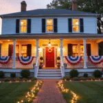 Cinematic shot of a grand American colonial home decorated for the Fourth of July, featuring patriotic bunting, an oversized flag, and a manicured lawn with mini flags. The scene includes a farmhouse dining table with star-patterned plates and mason jar centerpieces, a red, white, and blue balloon arch, and a vintage-style photo booth, all illuminated by warm sunset light.