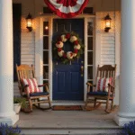 A warm, cinematic wide-angle shot of a grand colonial porch decorated for the Fourth of July, featuring classic bunting, rocking chairs, paper lanterns, and potted flowers, all bathed in golden hour light.