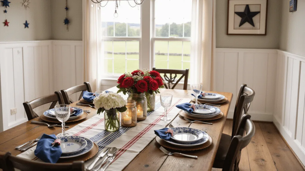 A rustic farmhouse dining room set for a patriotic gathering, featuring a wooden table with a white linen tablecloth, red and navy striped runner, floral arrangements in Mason jars, vintage lanterns, elegant place settings with American flag accents, and a handcrafted star garland, all illuminated by warm golden hour light.