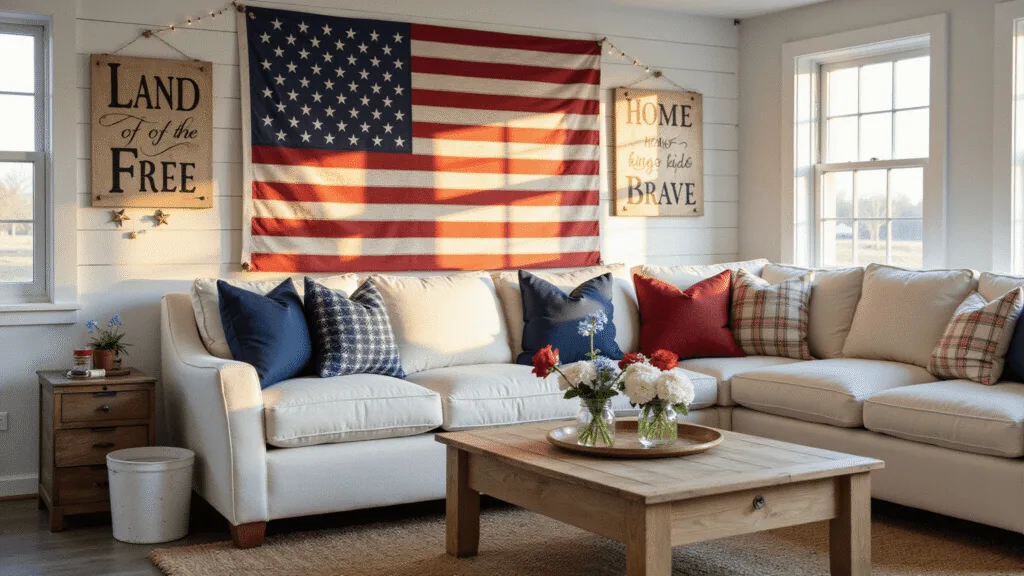 A sunlit farmhouse living room featuring white shiplap walls, a distressed wooden American flag, a cream linen sofa with patriotic throw pillows, and a rustic coffee table adorned with floral arrangements, all enhanced by warm ambient lighting and star-shaped string lights.