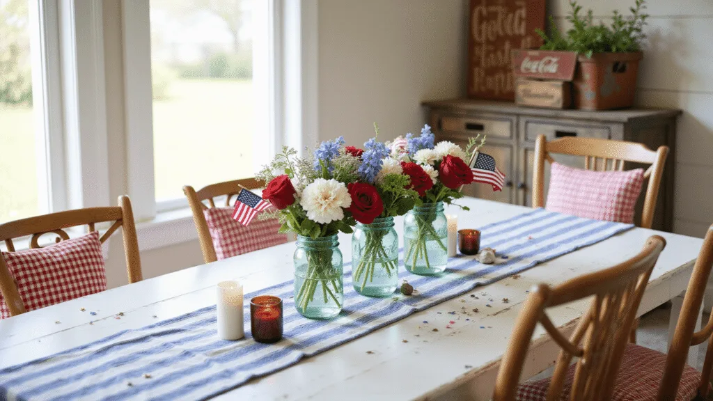 Cinematic wide shot of a sunlit farmhouse dining table with a patriotic centerpiece of antique mason jars filled with red roses, white daisies, and blue hydrangeas, accented by American flags and mercury glass votives, surrounded by rustic chairs and vintage Coca-Cola crates, all set against shiplap walls and an antiqued American flag.